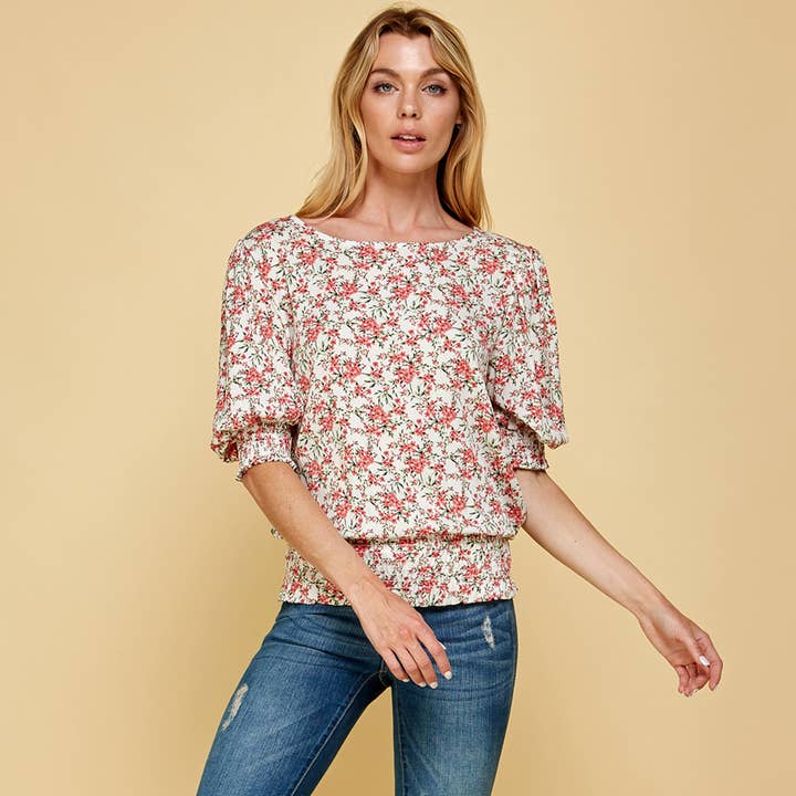 Floral Print Top with Smocked Waist and Sleeves for wholesale by Les Amis