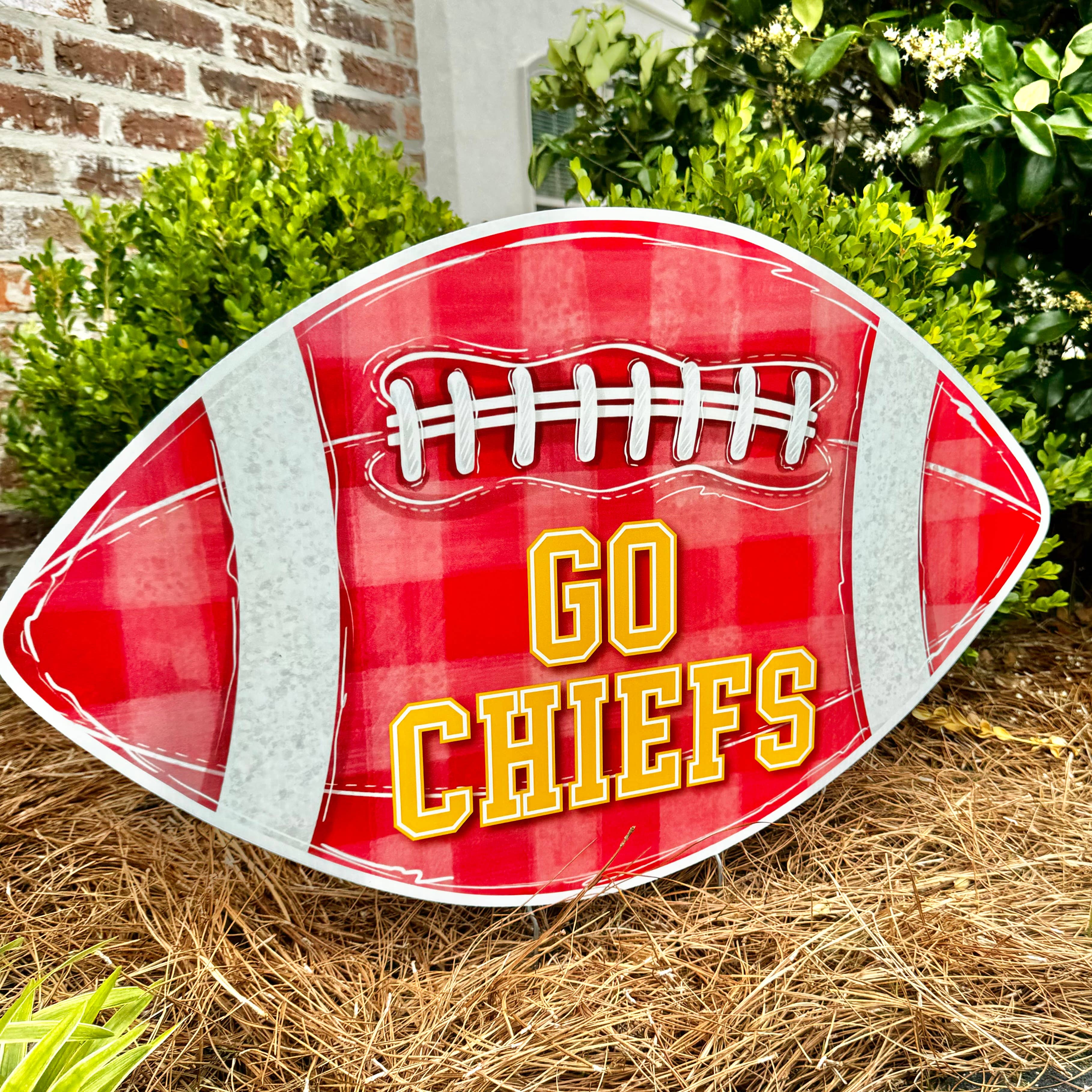 Songbird Grove Collection - Wholesale Garden/Lawn Stake - Go Chiefs Red Gingham Football Garden Stake2