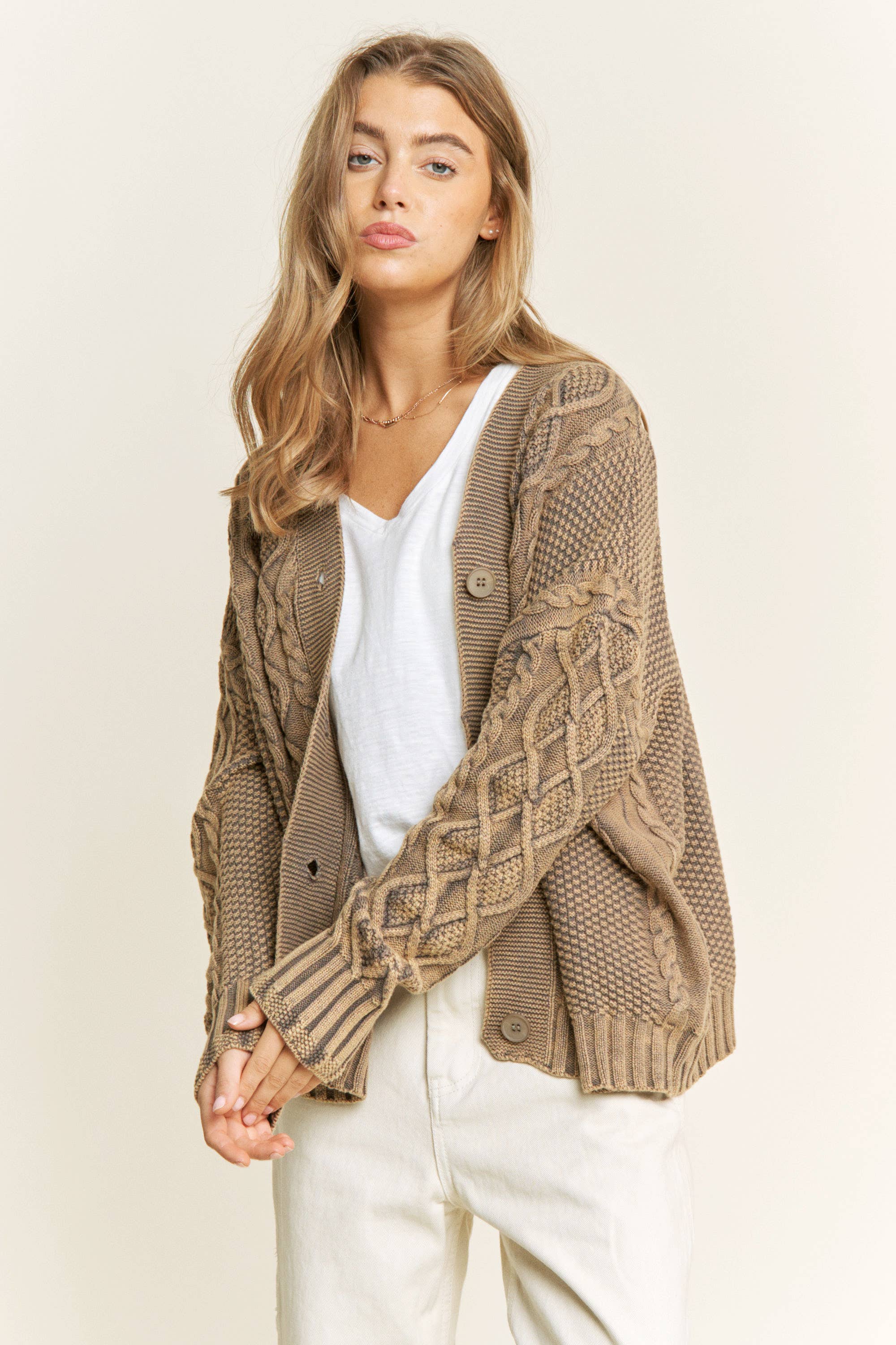 Sweet Generis - Wholesale Cardigan - Women's - WASHED VINTAGE CABLE KNIT CARDIGAN5