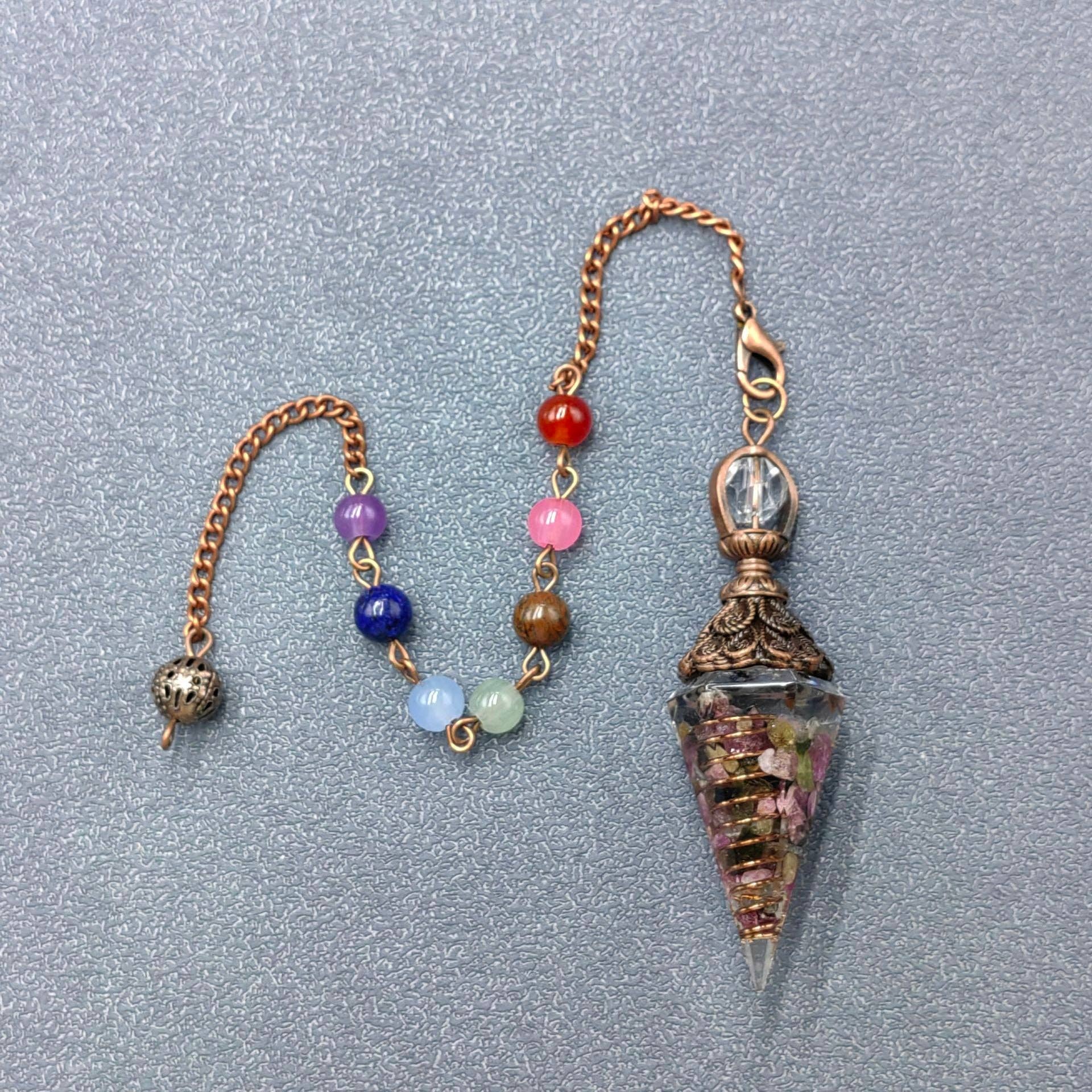 Mio Queena - Wholesale Spiritual Stone/Crystal - Hexagonal Cone Stone Pendulum with Chakra Chain - CS22