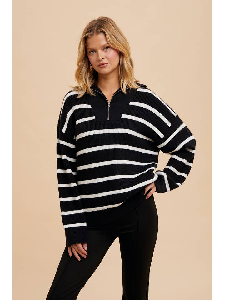 In Loom - Wholesale Knit Sweater - Women's - STRIPED HALF ZIP KNITTED PULLOVER