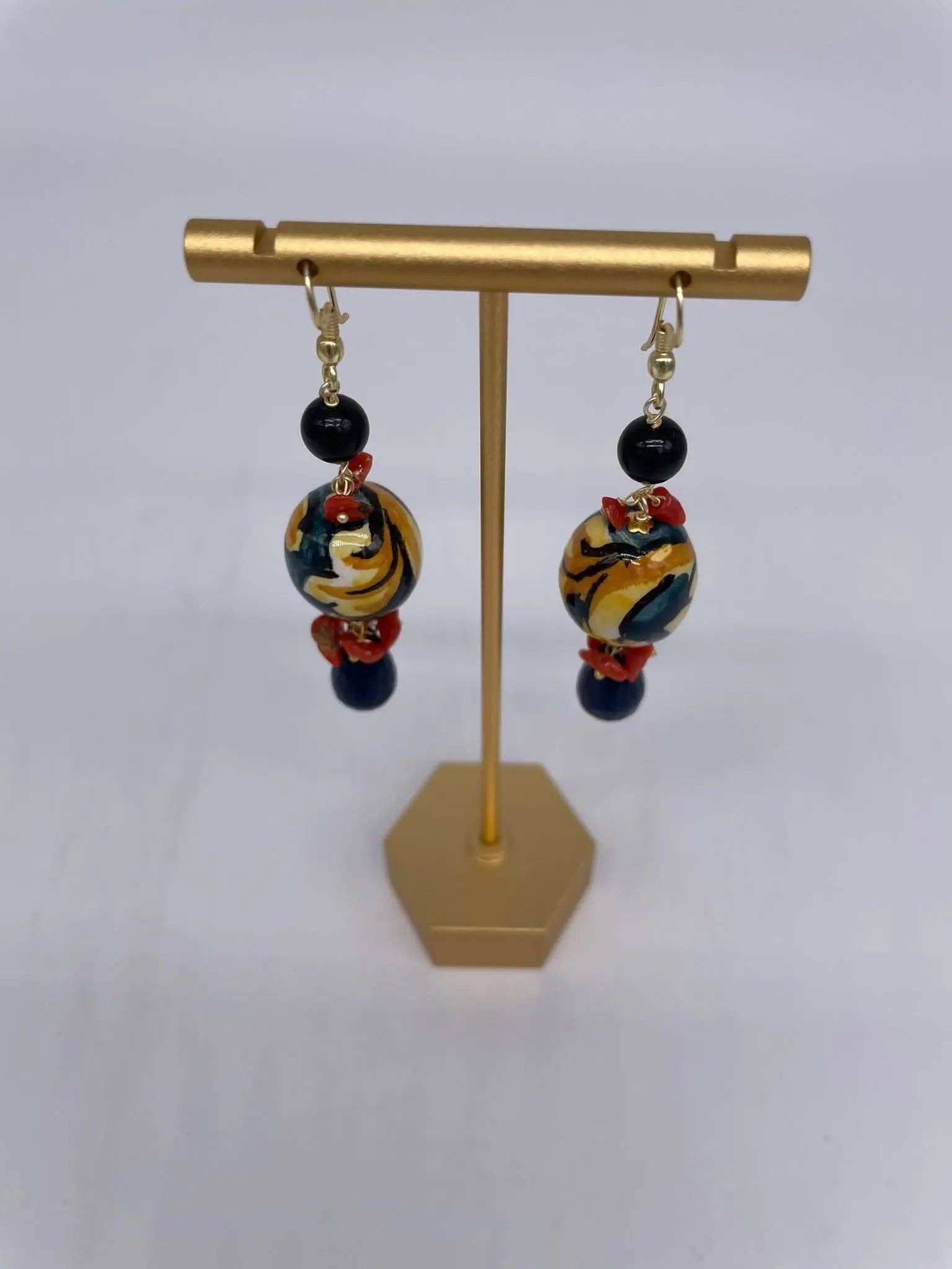 DD Ceramiche Siciliane – wholesale Dangle earrings – Handmade Blue Christmas Balls Earrings in Caltagirone Ceramic, stones and coral3