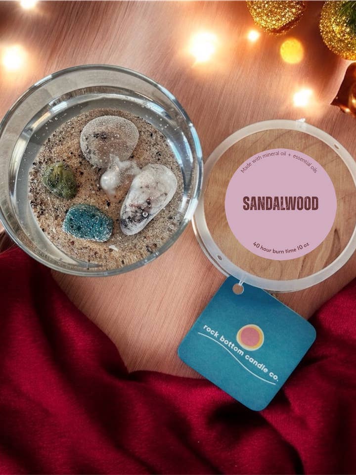 Michigan Sandalwood Petoskey Stone Rocks Glass Candle, 10 oz for wholesale by Rock Bottom Candle Company