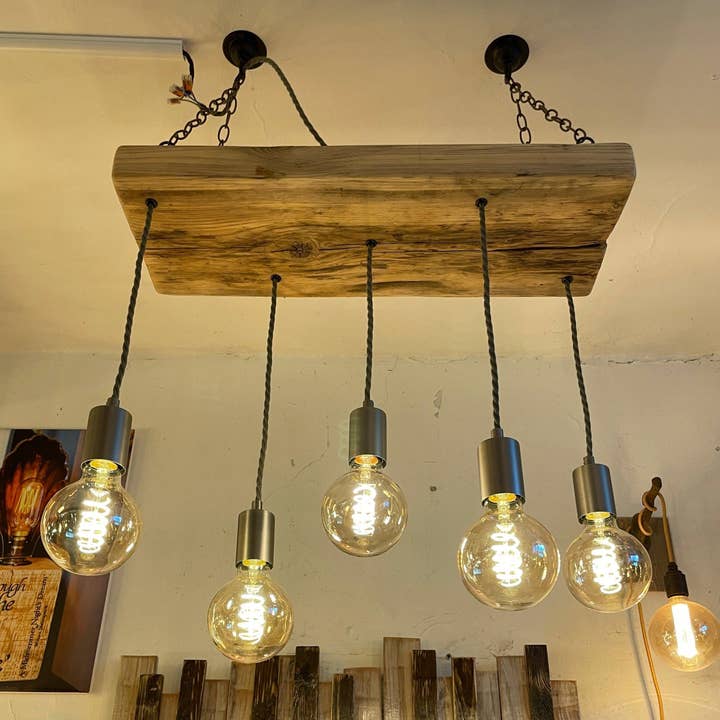 Wooden Beam Pendant with Amber Globe Bulbs for wholesale by MooBoo Home