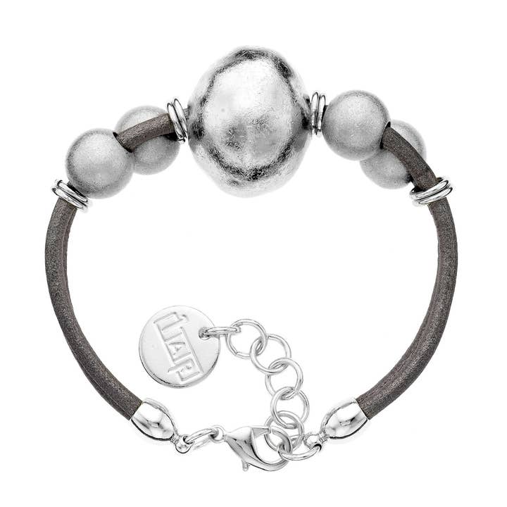925 Silver EP 8.4" Multi Balls Bracelet w/Brown Leather Cord for wholesale by Luxe on Main LLC