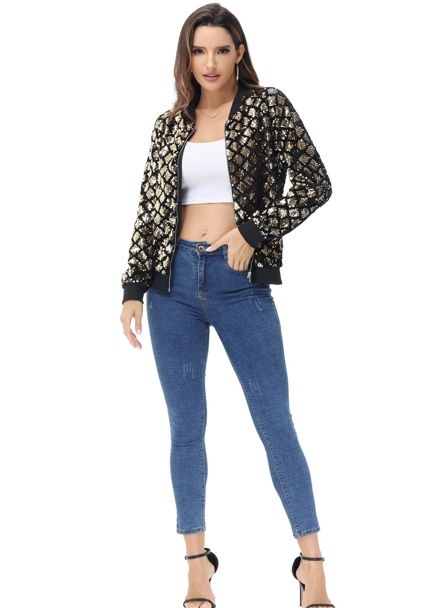 Anna Kaci Wholesale - Wholesale Varsity/Baseball Jacket - Women's - Striped Metallic Sequin Varsity Jacket75