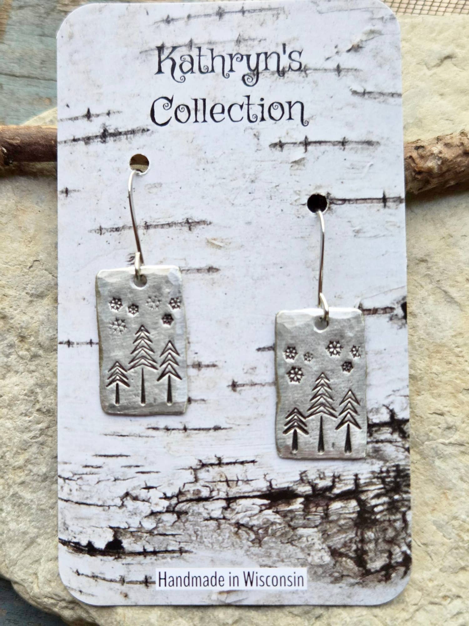 Kathryn's Collection - Wholesale Dangle Earrings - Winter Pine Tree Earrings, Christmas, Hand-Stamped Pewter1