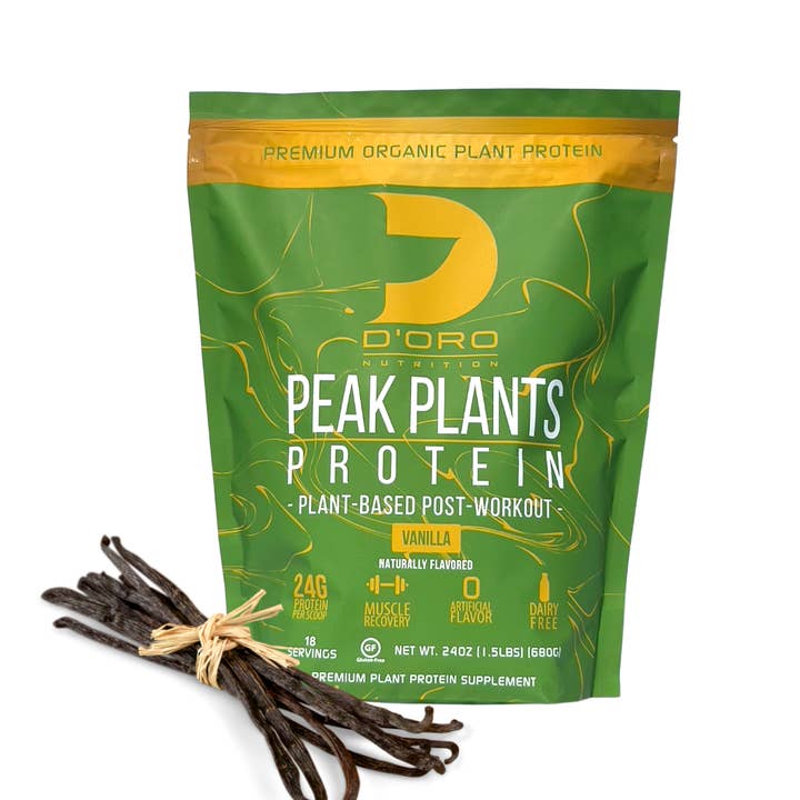 D’Oro Nutrition - Wholesale Protein/Superfood Powder - D'Oro Nutrition - Peak Plants Organic Non-Dairy Vegan Protein - Plant Based Post Workout Zero Artificial Ingredients Soy & Gluten Free