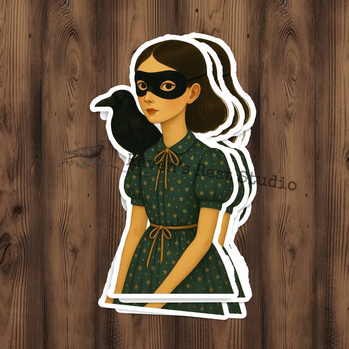 STICKER. Girl With Mask and Crow Friend On Shoulder. for wholesale by Cheerful Whimsies