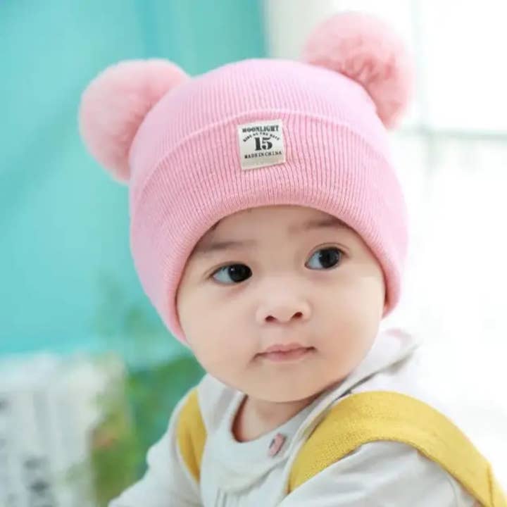 Cotton Socks - Wholesale Newborn/Knit Hat - Baby - G001 BABY HAT WITH COTTON POM POMS