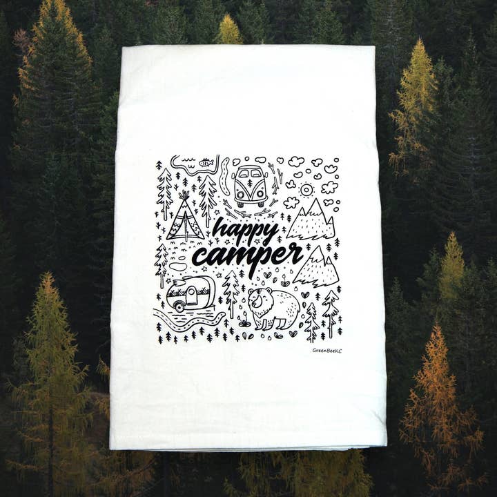 Black Happy Camper Kitchen Towel | Tea Towels | Camping Dish Towel for wholesale on Faire