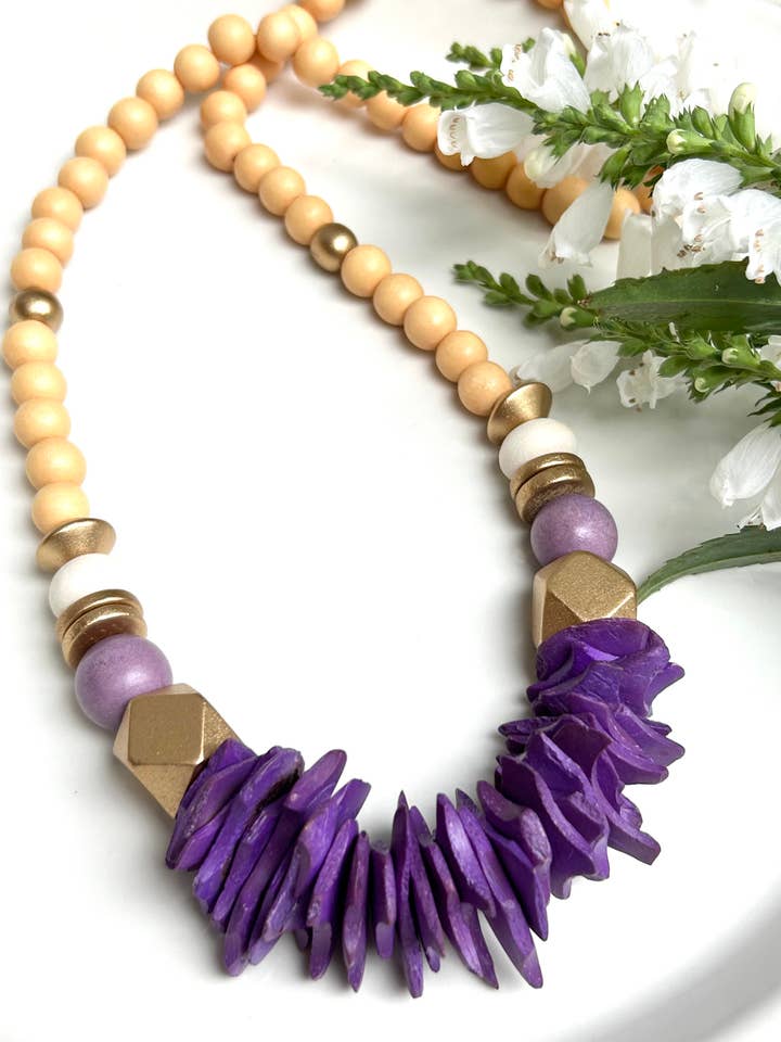 Purple and gold flat beads statement necklace large for wholesale by April Mae Designs