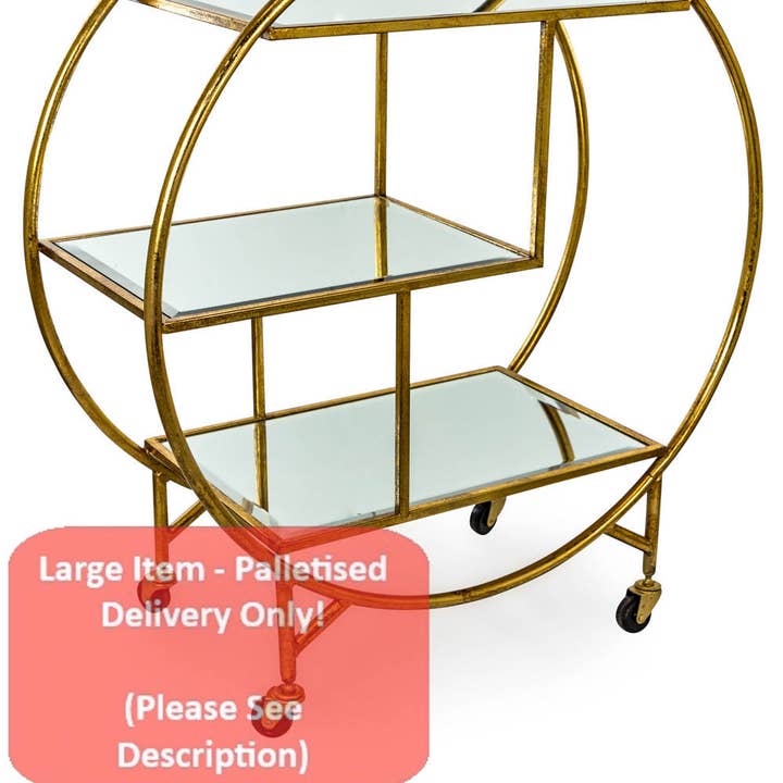 Antiek gouden/bronzen metalen bar trolley met spiegelplanken voor wholesale door McGowan & Rutherford Ltd