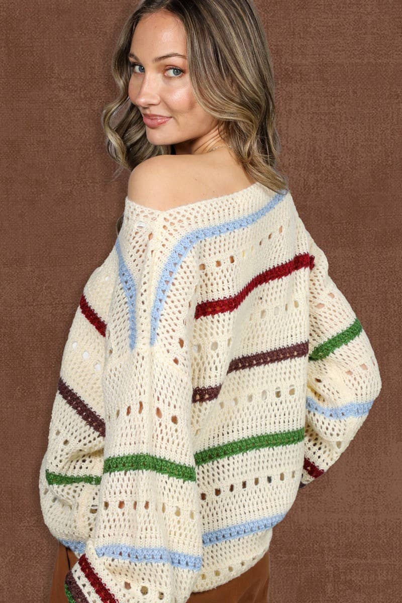 Multi Top de suéter de punto de crochet a rayas multicolor VT81238A- de venta al por mayor en Faire6