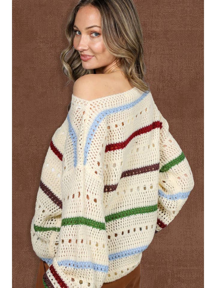 Multi Top de suéter de punto de crochet a rayas multicolor VT81238A- de venta al por mayor en Faire6