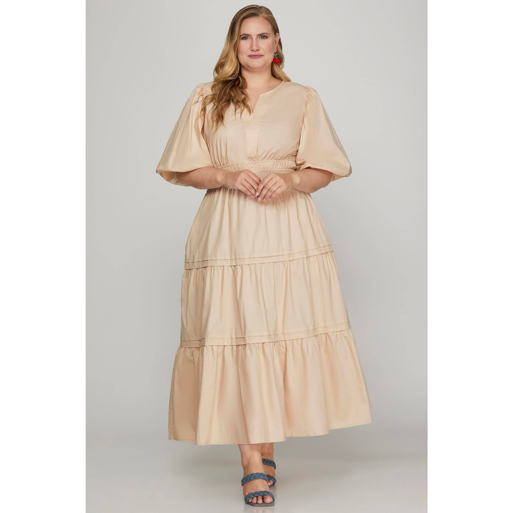 Curve Market - Wholesale Dress - Women's - PLUS SIZE POPLIN V NECK BALLOON SLEEVE WITH POCKETS TIERED M8