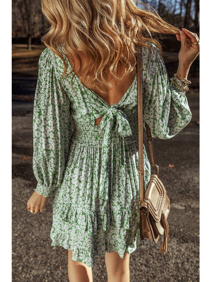Green LDC Floral Print Square Neck Shirred Waist Mini Dress for wholesale on Faire