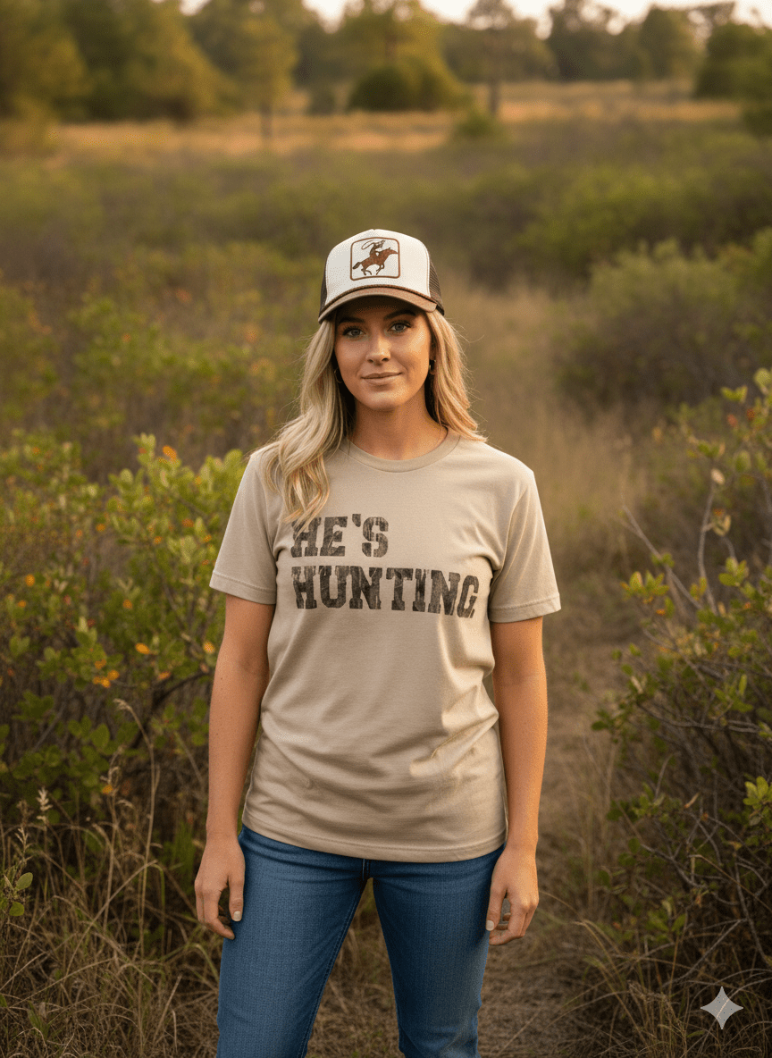 Tan He's Hunting Graphic Tee for wholesale on Faire1