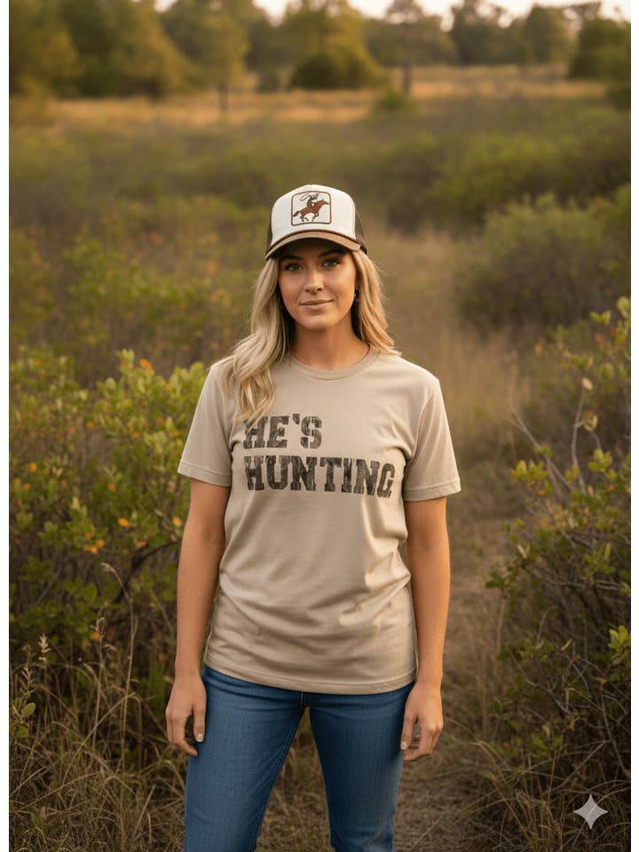 Tan He's Hunting Graphic Tee for wholesale on Faire1