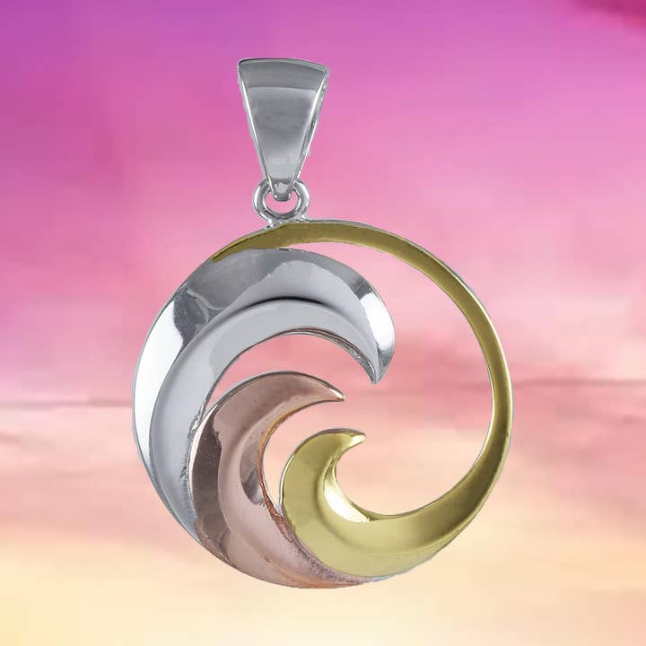 Hawaiian Tri-color Ocean Wave Pendant, Sterling Silver 3-Tone Surfing Wave Pendant, N8858 Birthday Mother Mom Gift for wholesale by Paradise Treasures Jewelry