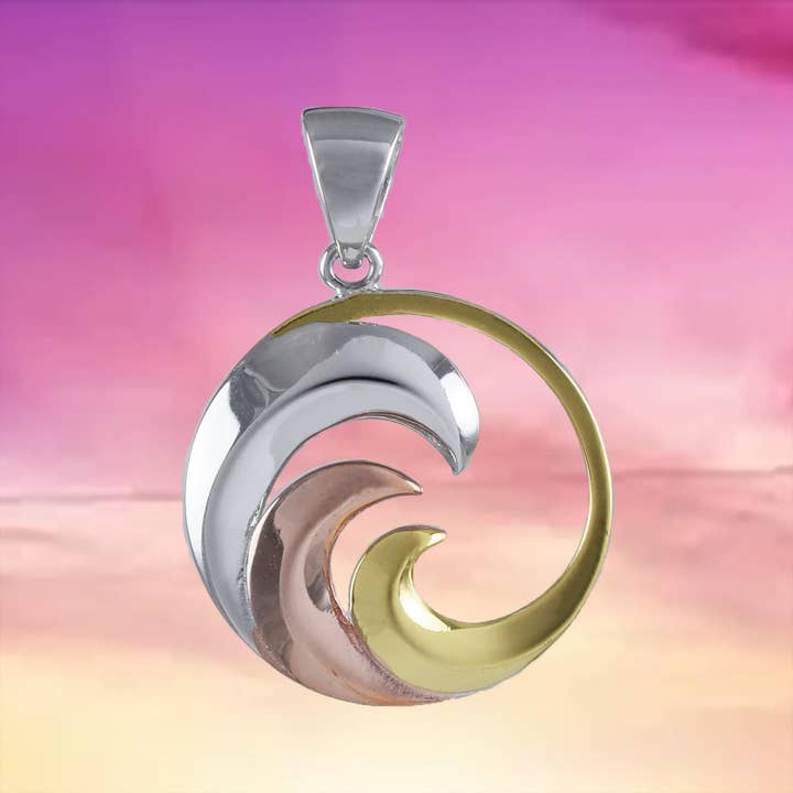 Hawaiian Tri-color Ocean Wave Pendant, Sterling Silver 3-Tone Surfing Wave Pendant, N8858 Birthday Mother Mom Gift for wholesale by Paradise Treasures Jewelry
