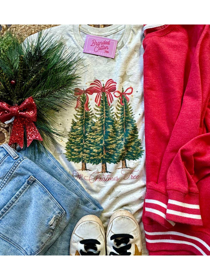 Branded Cotton - Wholesale Screen Printed T-Shirt - Women's - Oh Christmas Tree Bows Tee