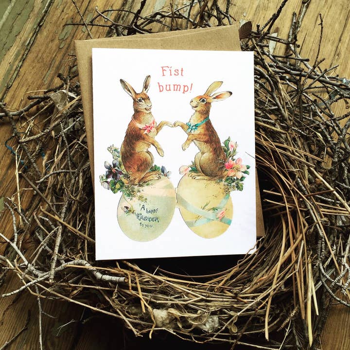 Cute Easter Card - Two Easter Bunnies Fist Bump; Victorian card; Vintage card; Cute Rabbits Easter card; Funny Easter Card for wholesale by A Zillion Dollars