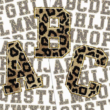 Leopard Chenille Glitter Letters Sticker Sheet for wholesale by Trendy Transfers
