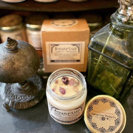 Vintage Luxe Design Co. – wholesale Burkljus – Vattumannen zodiaken horoskop soja vax ljus infunderas kristaller7