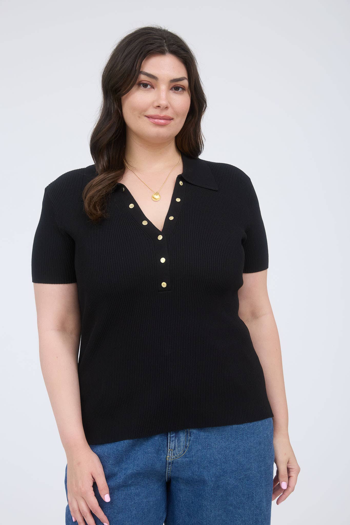 The Workshop Studio - Wholesale Knit Top - Women's - PLUS GOLD SNAP BUTTON SWEATER KNIT POLO7