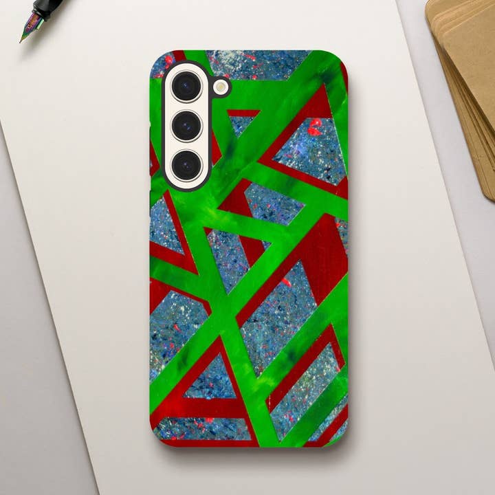 Samsung Galaxy Case - A Walk in the Garden | Tough Abstract Art Cover for S24, S23, S22, S21 Ultra, Plus, FE | Green & Red Geometric Design | Heavy Duty Protective Case | Unique Artist Gift for wholesale by James Knights Art