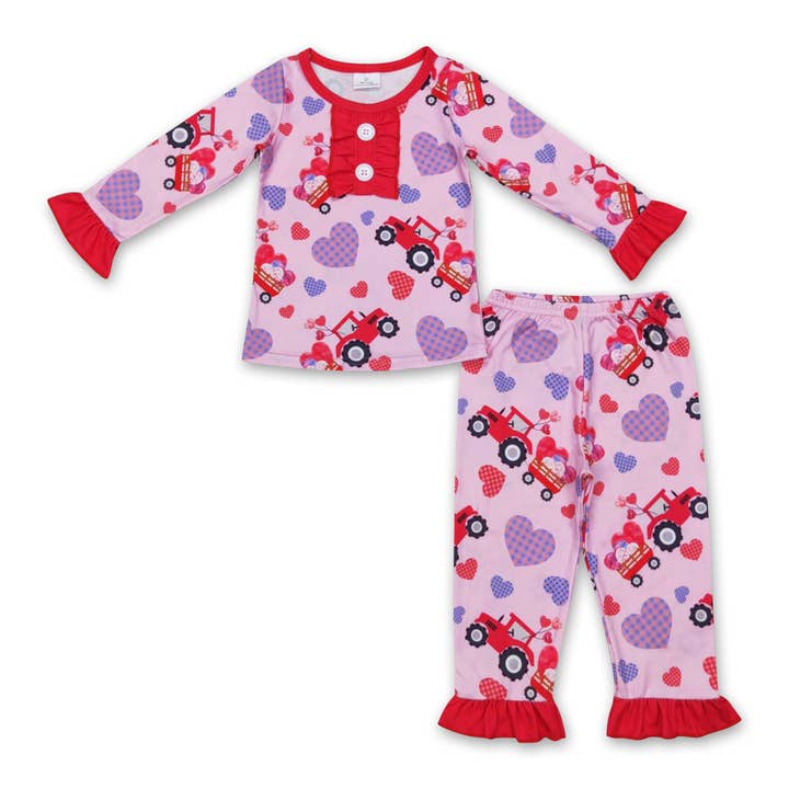 Heart truck ruffle long sleeves girls valentine's pajamas for wholesale by Yawoo Garments