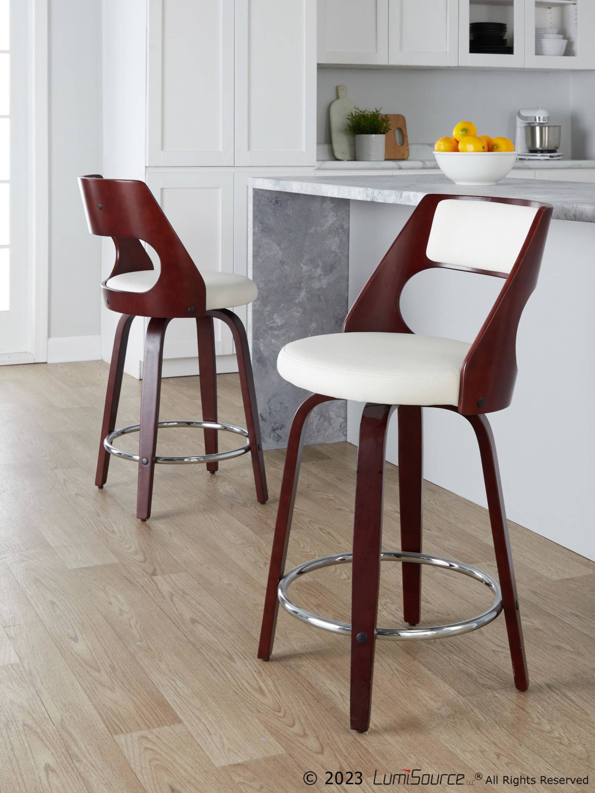 Cherry Wood White PU Chrome Metal Pino 24" Fixed-Height Barstool - Set of 2 for wholesale on Faire8
