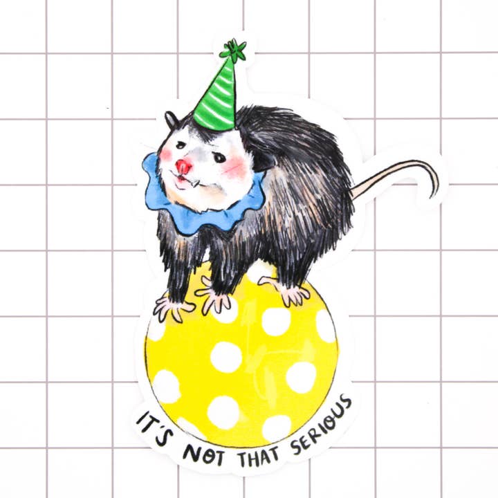 It's Not That Serious Possum Clown Vinyl Sticker for wholesale by Amy Hartelust Art and Illustration