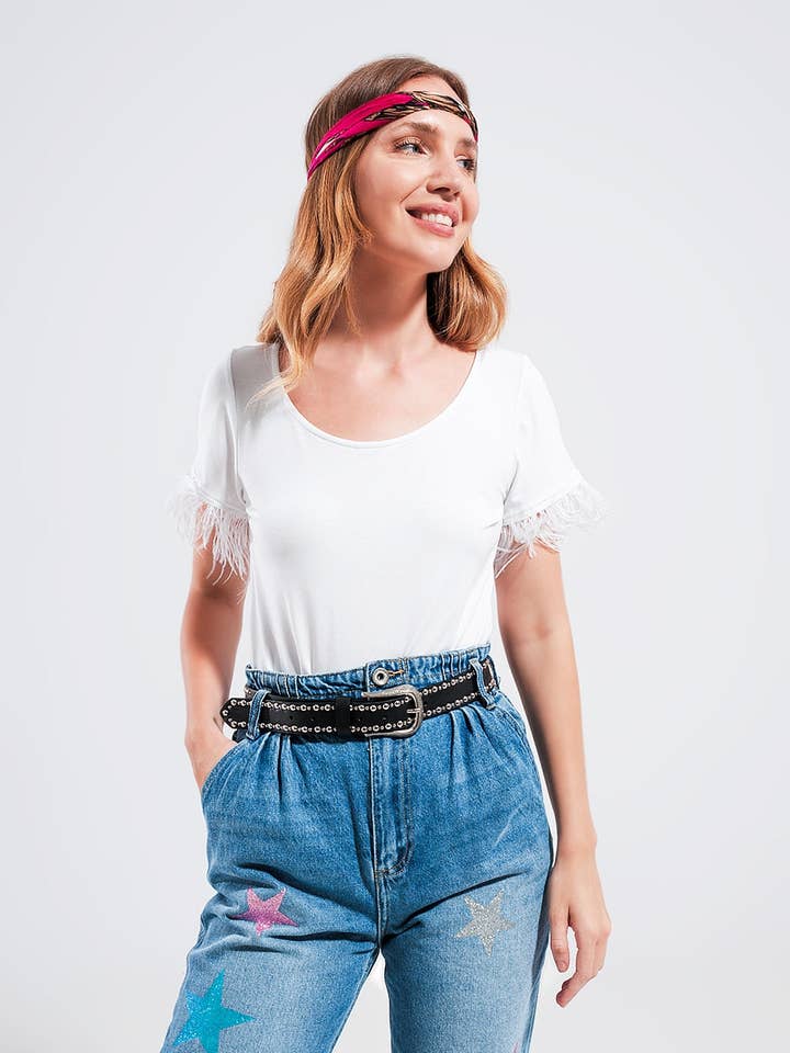 Embellished top with faux feather cuffs in white for wholesale by Q2—All Orders:Free Duties for the US,UK,and Canada