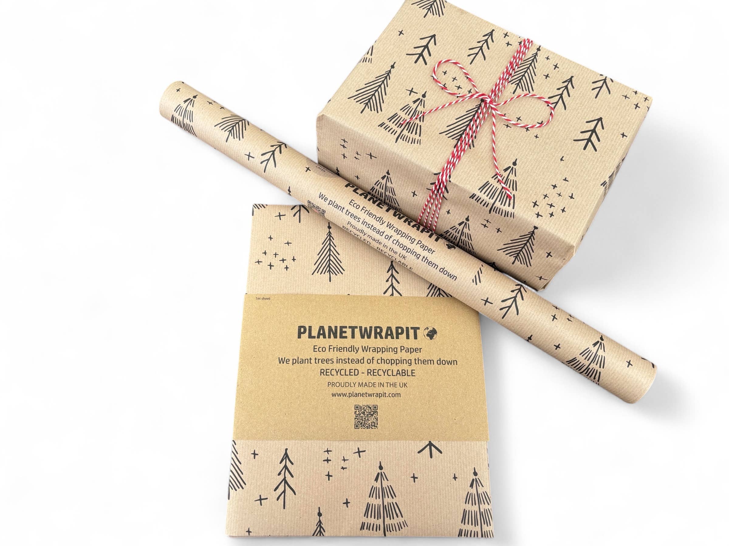 PlanetWrapIt - Wholesale Wrapping Paper Roll - Black Christmas Trees Recycled Kraft Gift Wrapping Paper 12