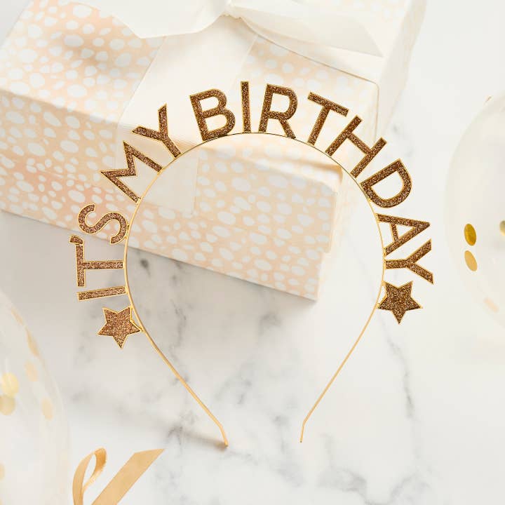Diadema de metal con purpurina dorada 'Feliz Cumpleaños' para venta al por mayor de Hootyballoo by Club Green