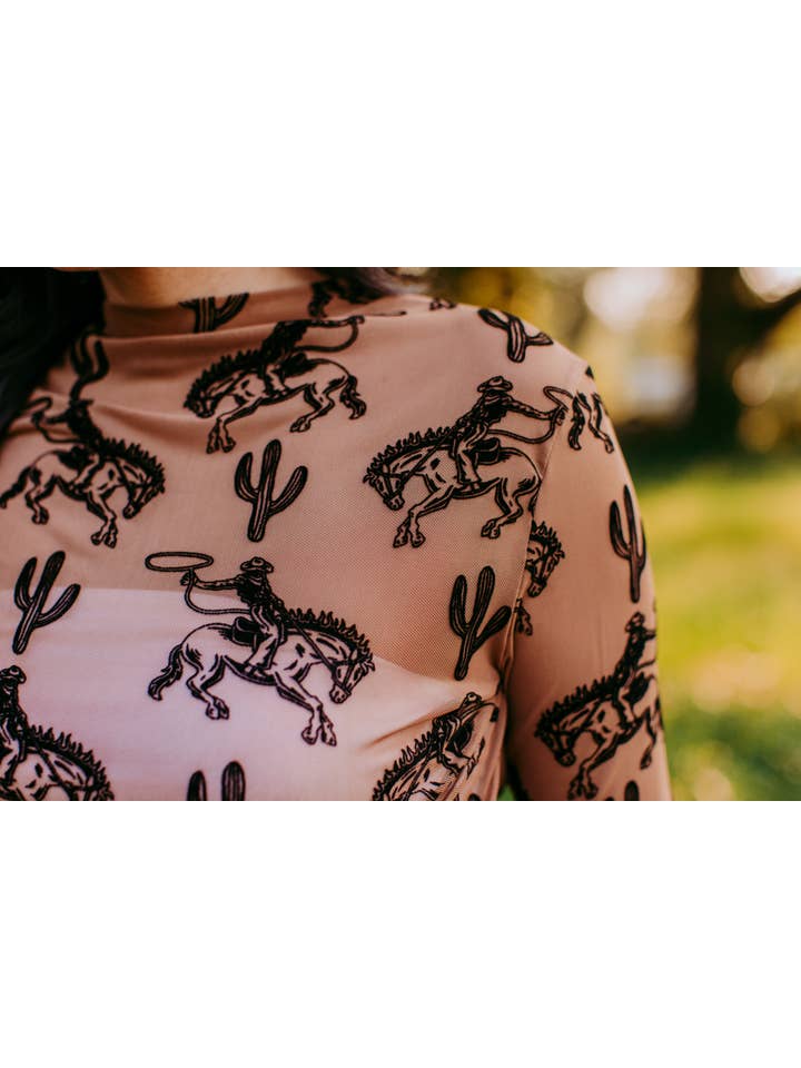 MK397 Velvet Cactus & Cowboys Mesh Top - Brown for wholesale on Faire