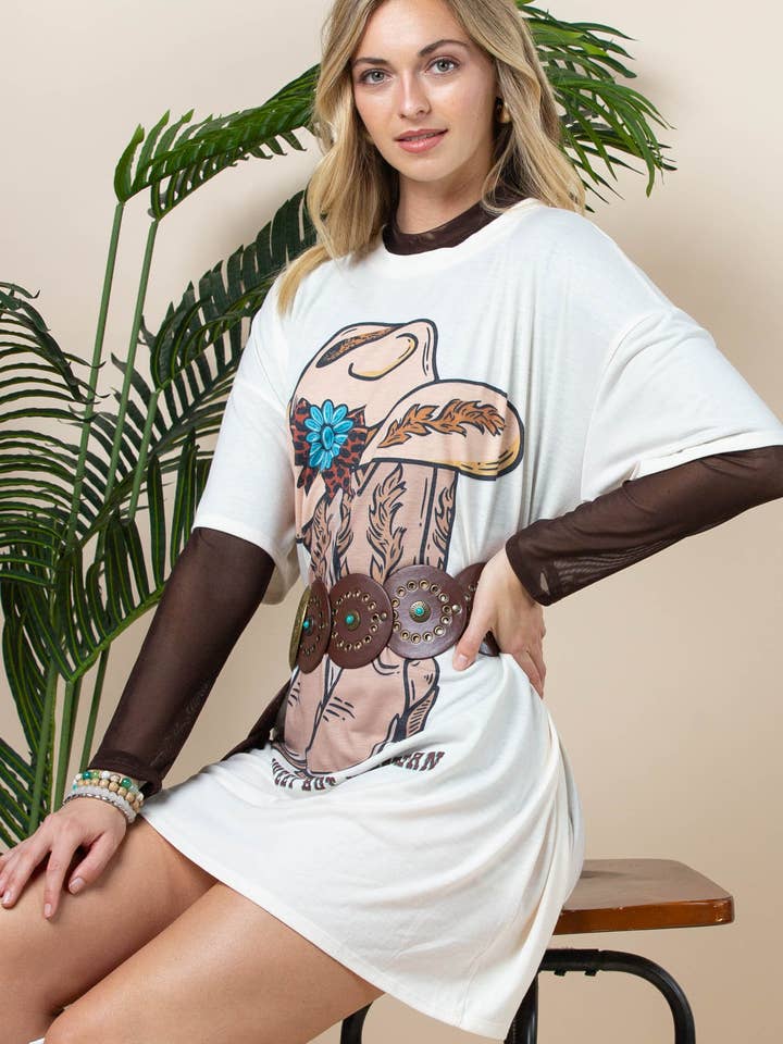 AV1202-AMELIA WESTERN BOOTS GRAPHIC T-SHIRT DRESS for wholesale by Avery