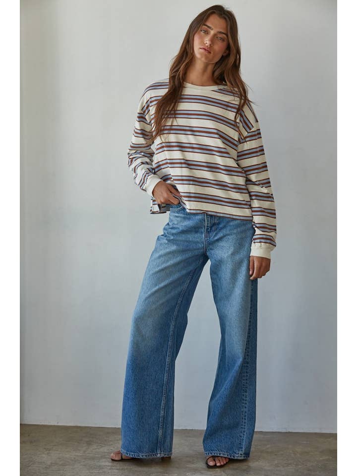 By Together - Wholesale Knit Top - Women's - L8681 | Knit Cotton Multicolor Stripe Crew Neck Long Sleeve 1