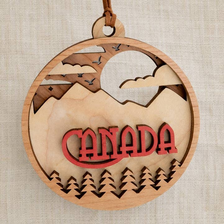 Canada 3D Wood Ornament - Layered Souvenir Mountains Christmas for wholesale by Foxwood Gifts Canada