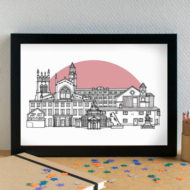 Wigan Skyline Landmarks Art Print - unframed for wholesale by Becka Griffin Illustration