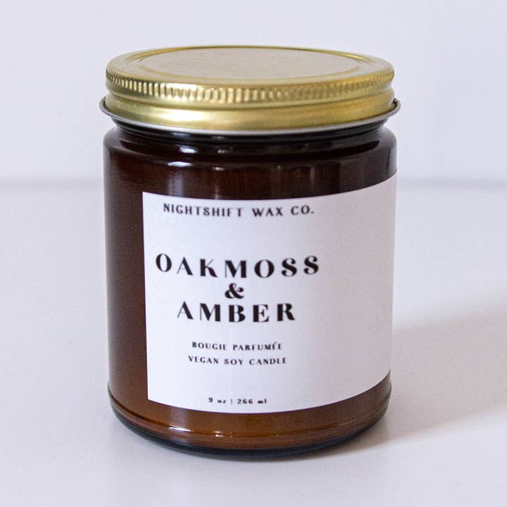Bougie de soja ambre et mousse de chêne pour la vente par Nightshift Wax Co.