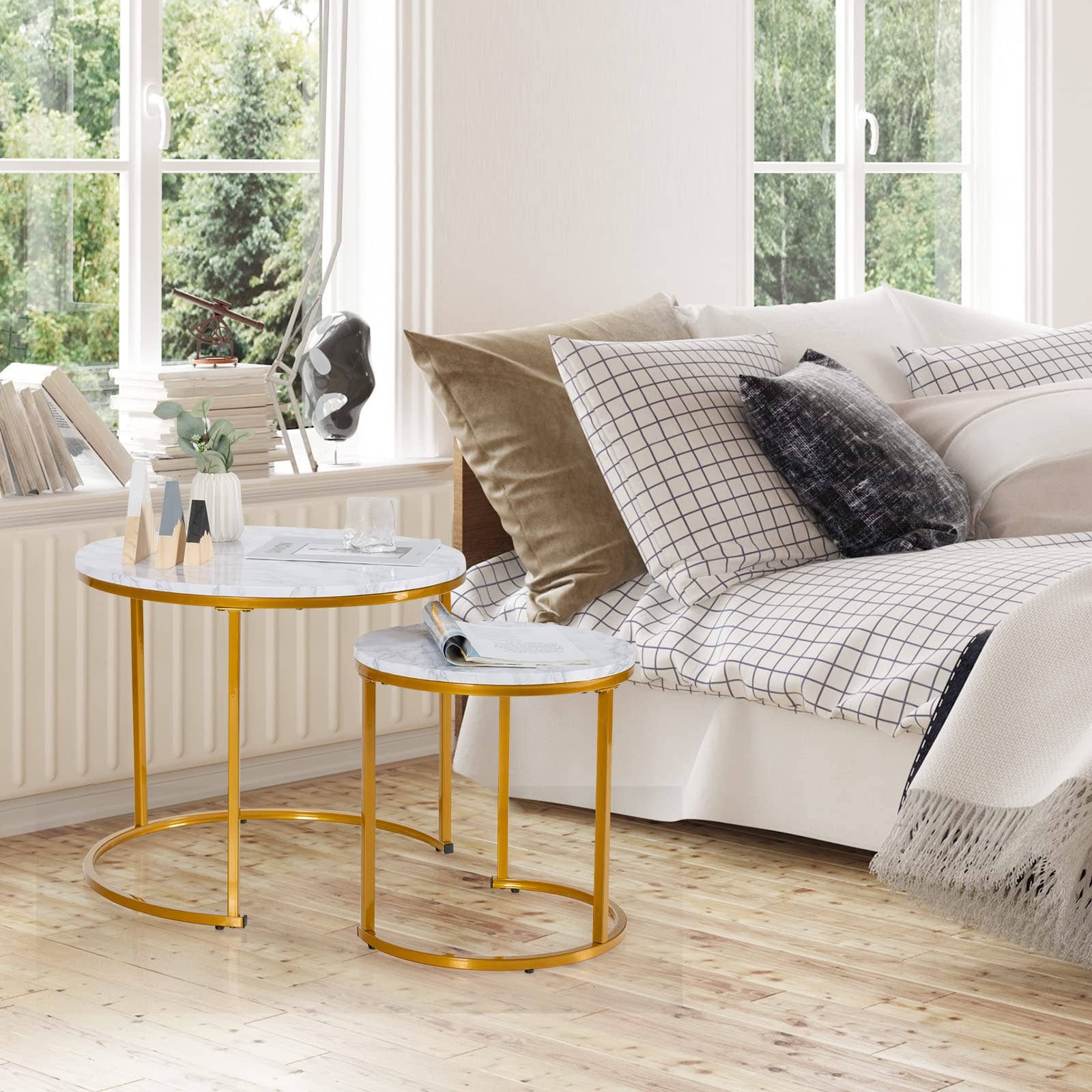 Three Star IM/EX Inc. - Vente Tables d'appoint - PAIRE DE TABLES NICHÉES STYLE MARBRE & OR, 24X20 & 20X141