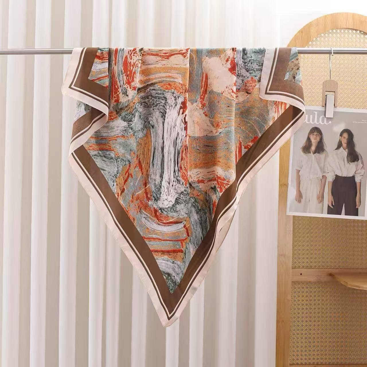 COSMOS - Wholesale Head Scarf - Women's - 90 X 90 Square Scarf Abstract Marbled Polyester Orange Beige1