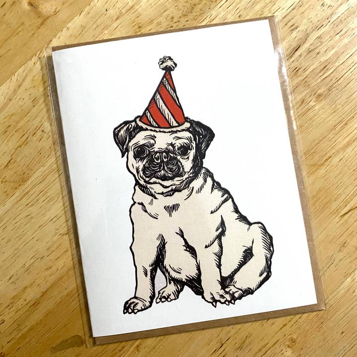Party Pug Blank Greeting Card, A2 Size With Kraft Envelope for wholesale by American Pigeon Co