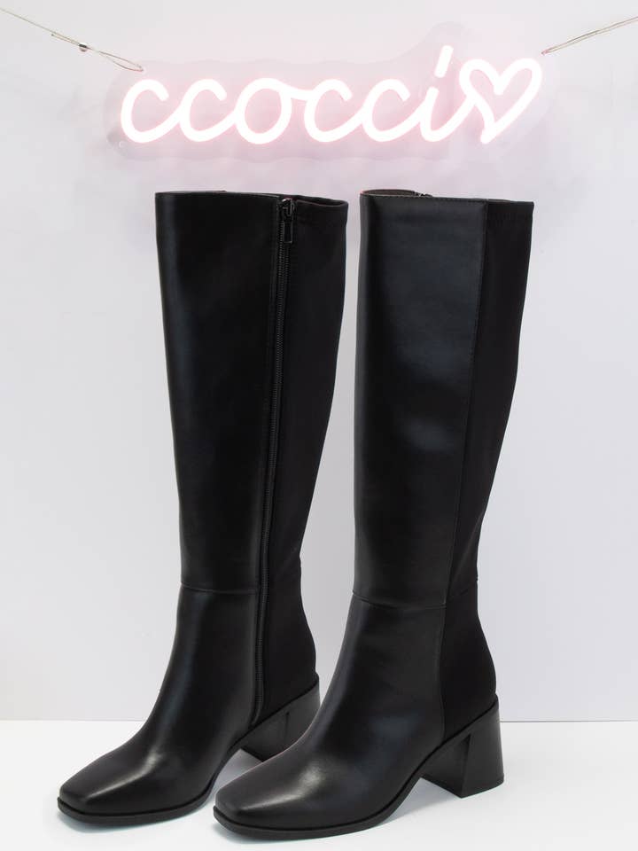 BLACK PU DAHLIA ELASTIC CALF TALL BOOTS WITH STACKED HEEL for wholesale on Faire