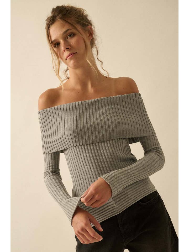 Promesa USA - Wholesale Knit Sweater - Women's - Sheer Rib-Knit Off-Shoulder Foldover Sweater6