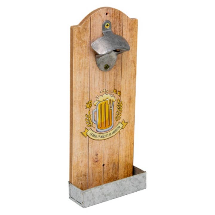 Houten en metalen flesopener met bierpatroon voor wholesale door Deffrennes