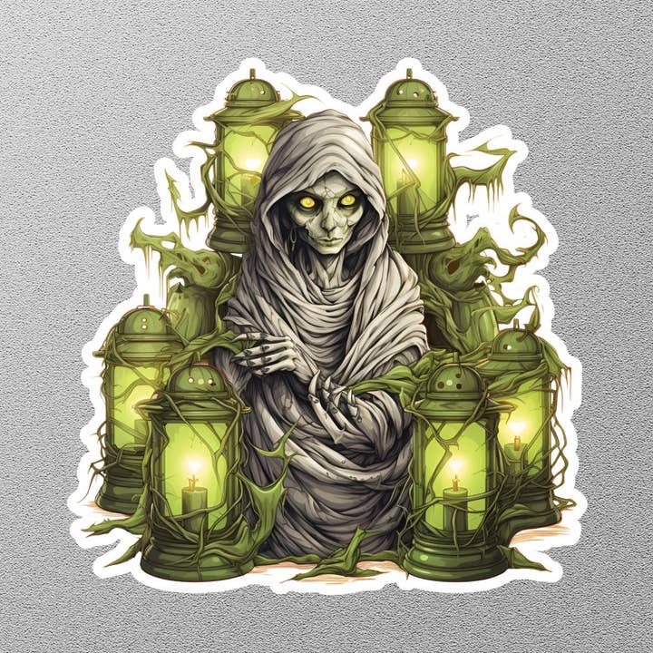 Halloween-Aufkleber „Geist mit Laternen“ für den Großhandel von GraffMerch.com